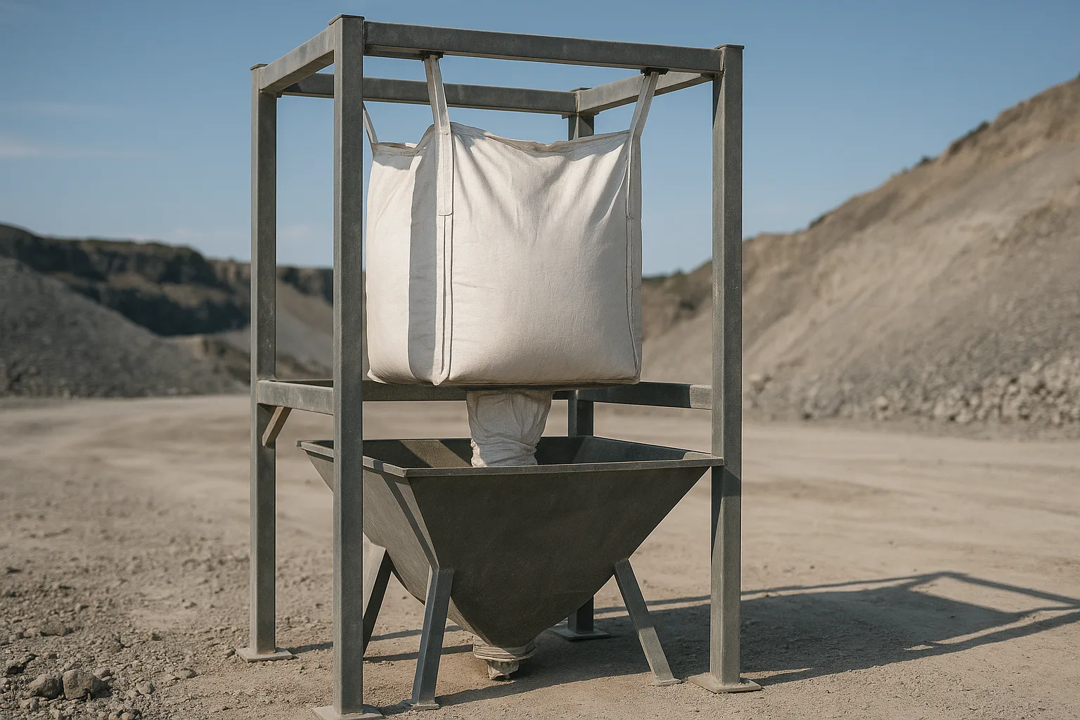 A single bulk bag suspended in a steel unloading frame, discharging through its spout into the hopper below.