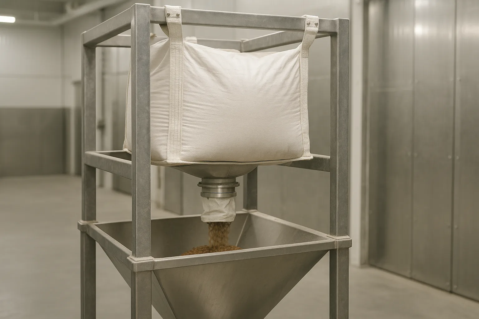 A single bulk bag suspended in a steel unloading frame, discharging through its spout into the hopper below.