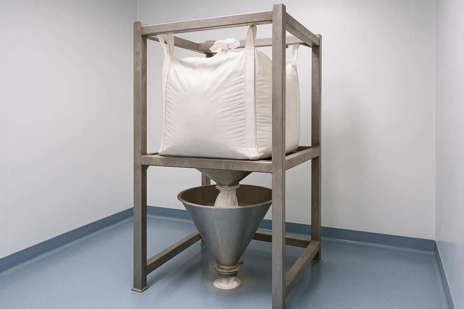 A single bulk bag suspended in a steel unloading frame, discharging through its spout into the hopper below.
