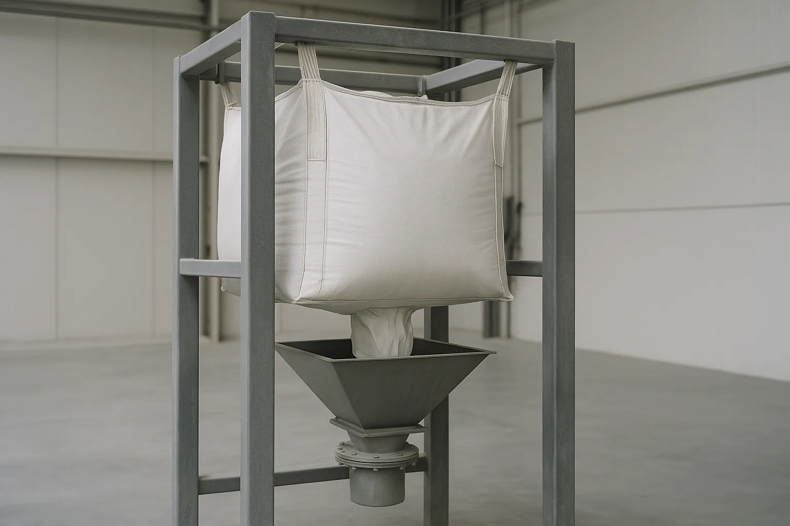 A single bulk bag suspended in a steel unloading frame, discharging through its spout into the hopper below.