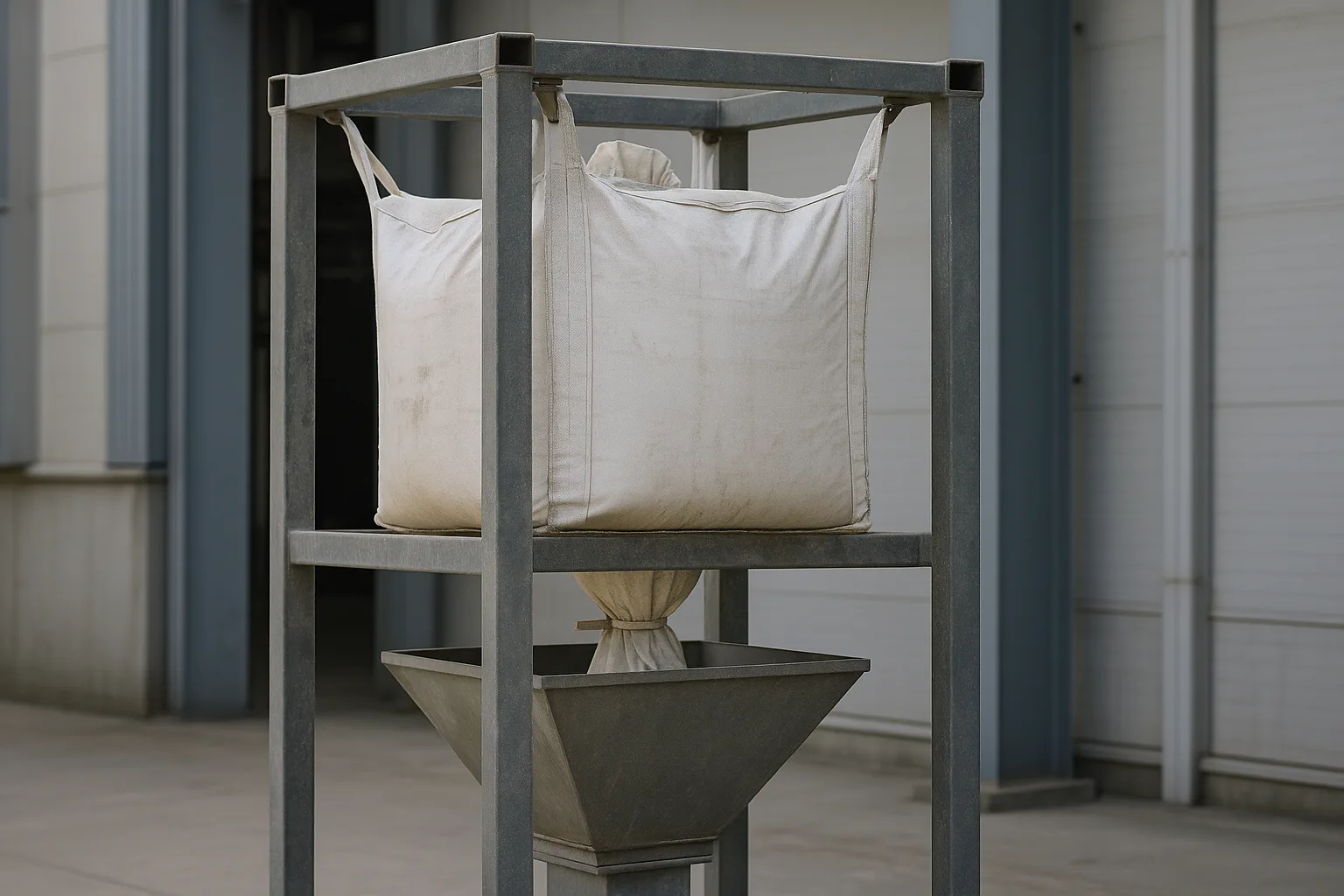 A single bulk bag suspended in a steel unloading frame, discharging through its spout into the hopper below.