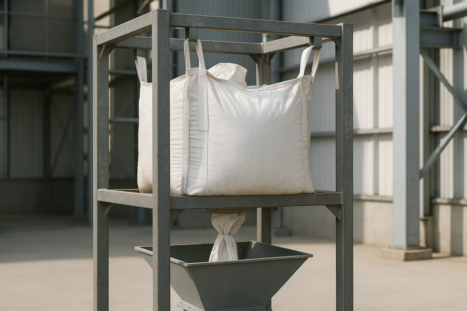 A single bulk bag suspended in a steel unloading frame, discharging through its spout into the hopper below.