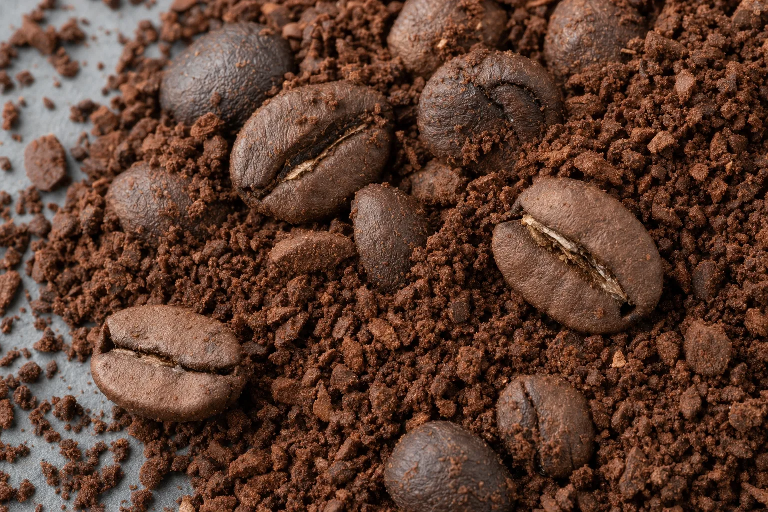 Close-up of coffee beans & ground coffee, showing particle size and texture.