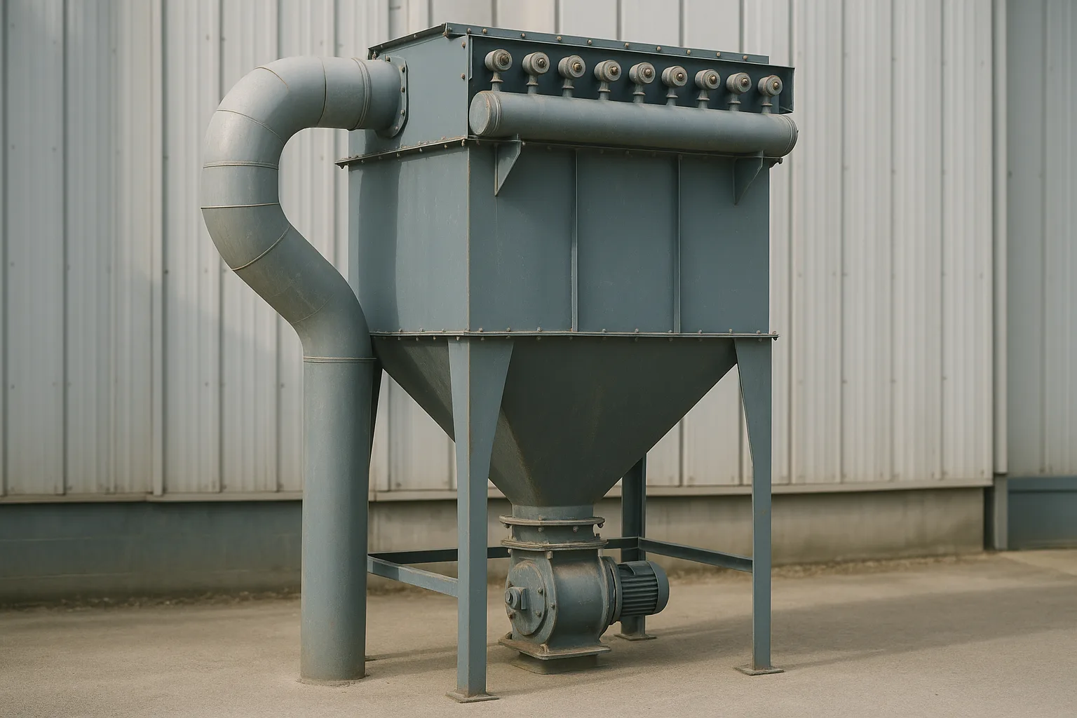 A baghouse dust collector standing outdoors against a plant wall, one duct entering it, dust hopper and rotary valve below.