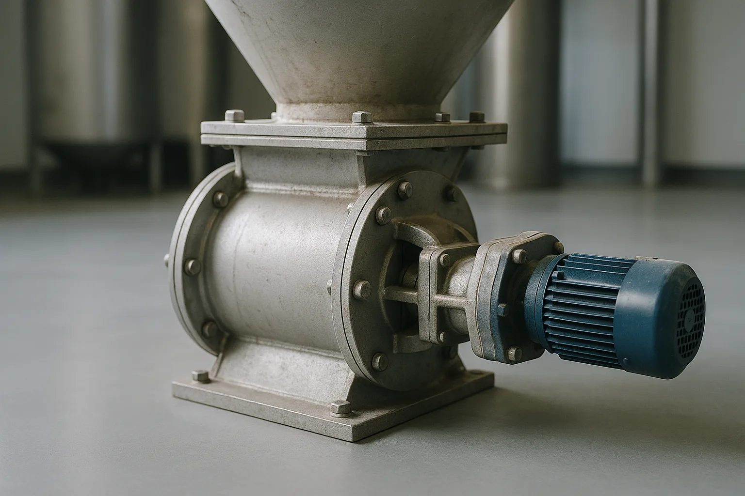 A rotary valve bolted under a hopper outlet, drive and bearing visible on one side.