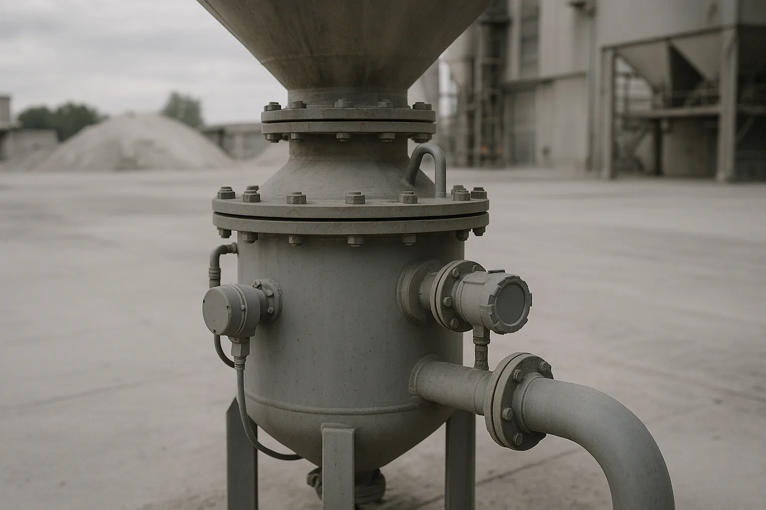 A pressure vessel transmitter under a silo outlet, one conveying line leaving it.