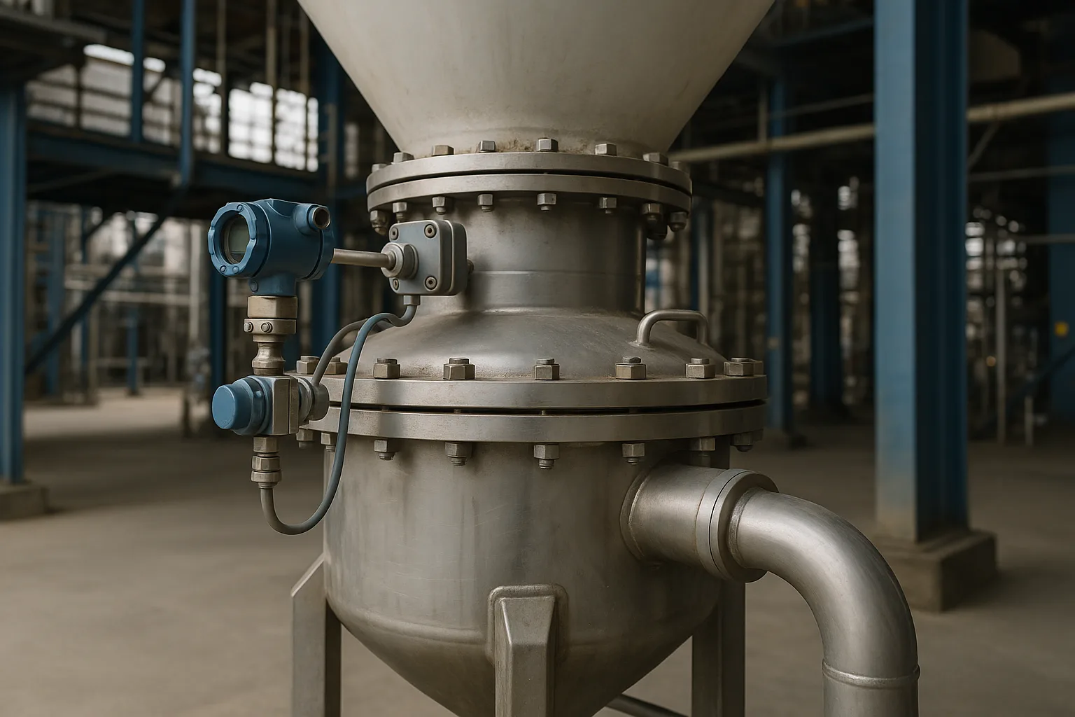 A pressure vessel transmitter under a silo outlet, one conveying line leaving it.