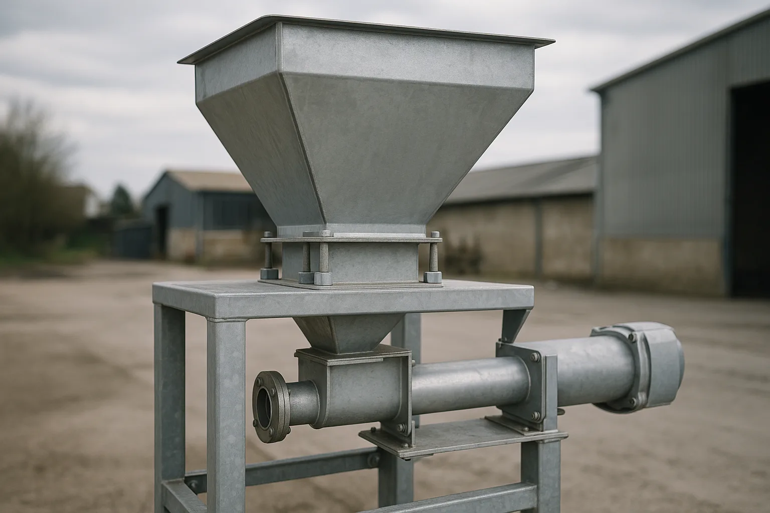 A loss-in-weight feeder, its hopper standing on load cells, discharging through a short screw into the inlet below.