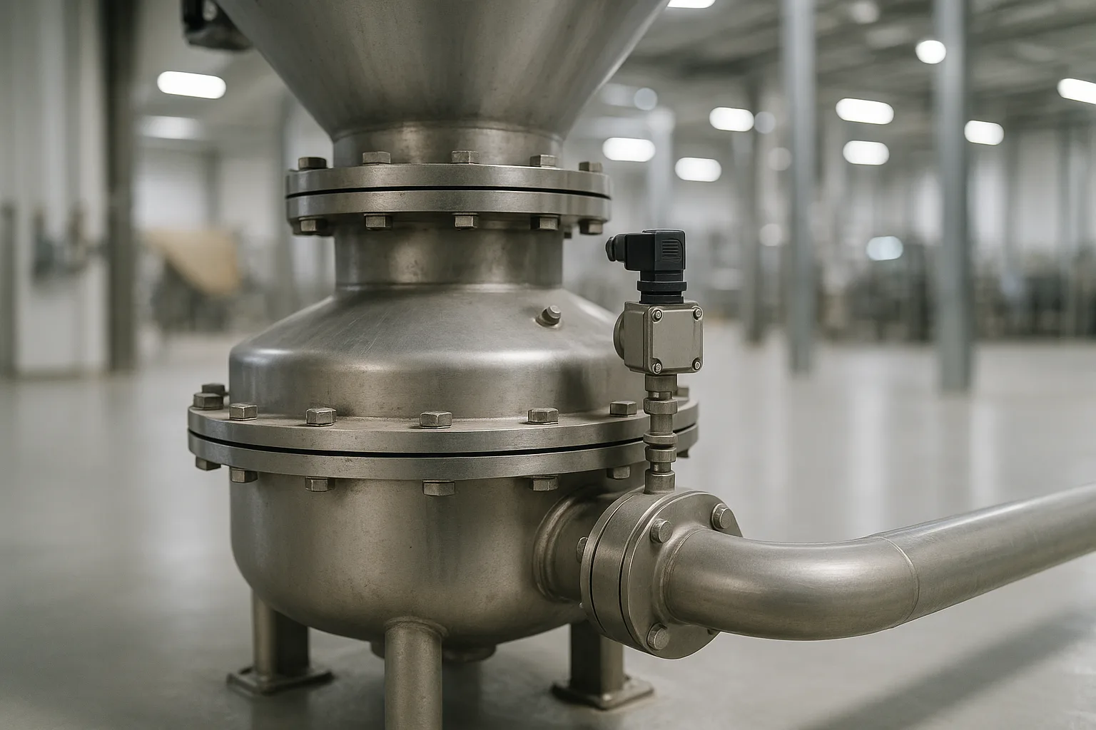 A pressure vessel transmitter under a silo outlet, one conveying line leaving it.