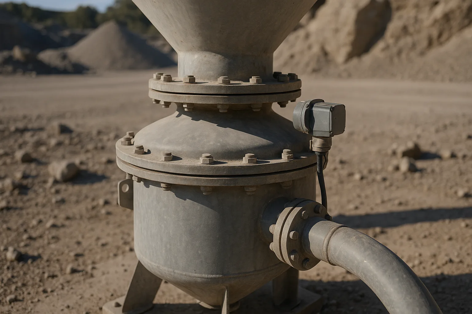 A pressure vessel transmitter under a silo outlet, one conveying line leaving it.