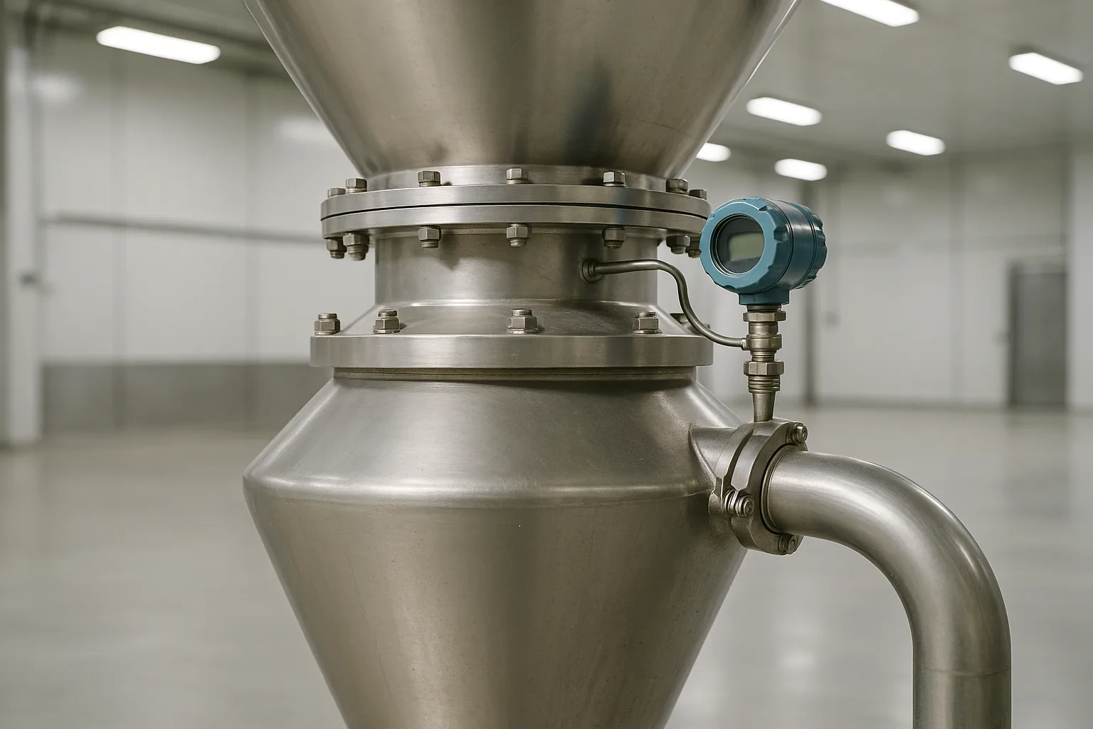 A pressure vessel transmitter under a silo outlet, one conveying line leaving it.