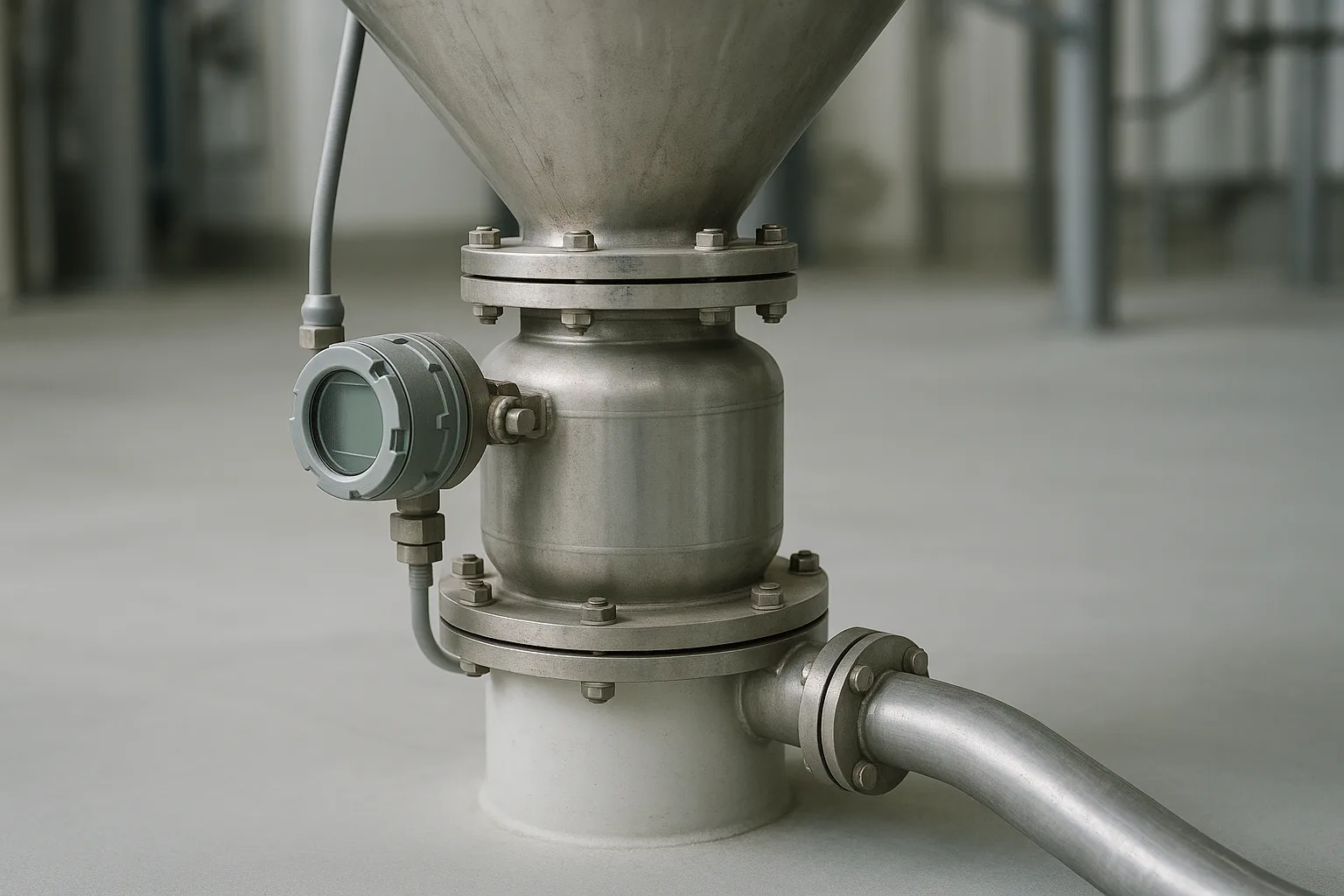 A pressure vessel transmitter under a silo outlet, one conveying line leaving it.
