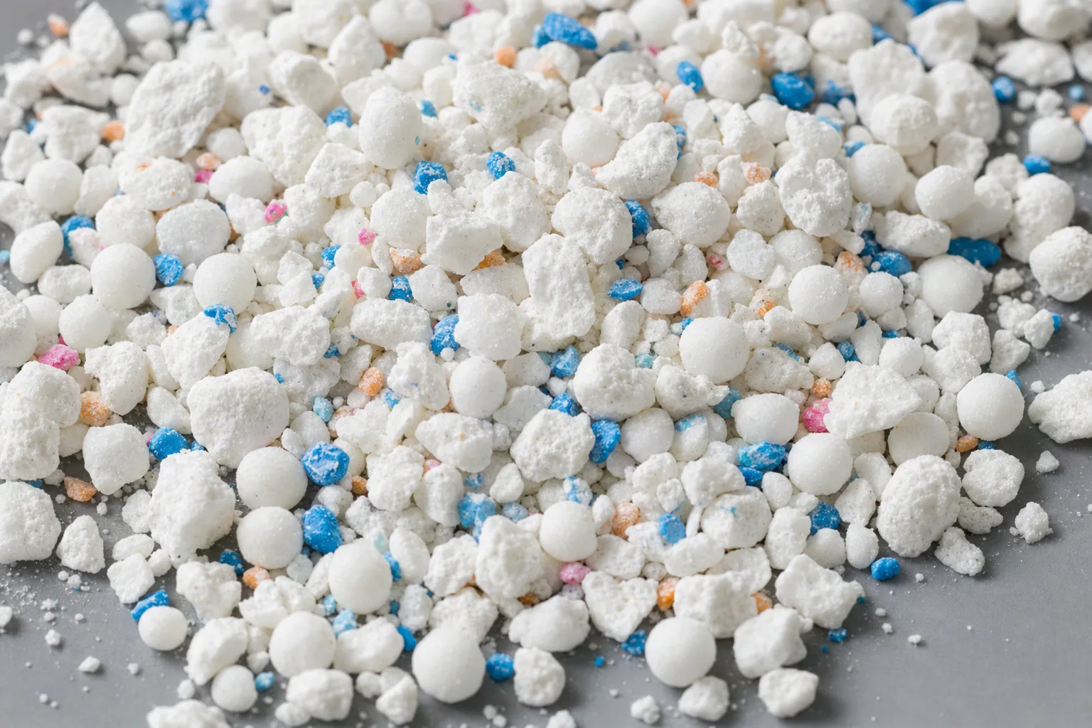 Close-up of detergent powder, showing particle size and texture.