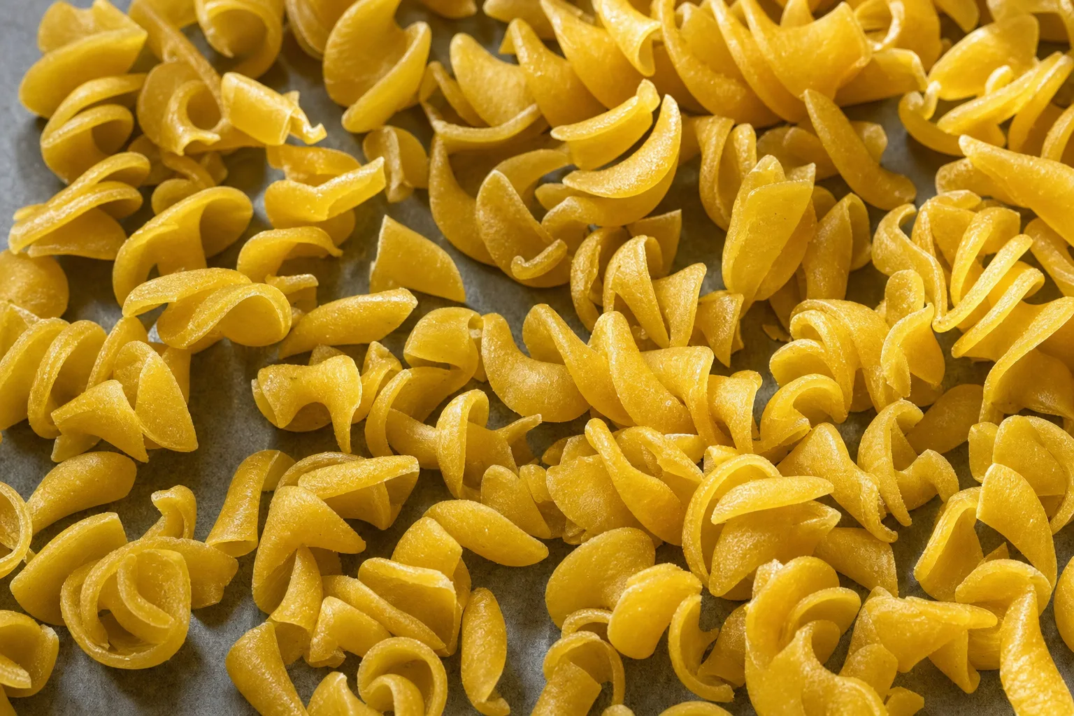 Close-up of dry pasta, showing particle size and texture.