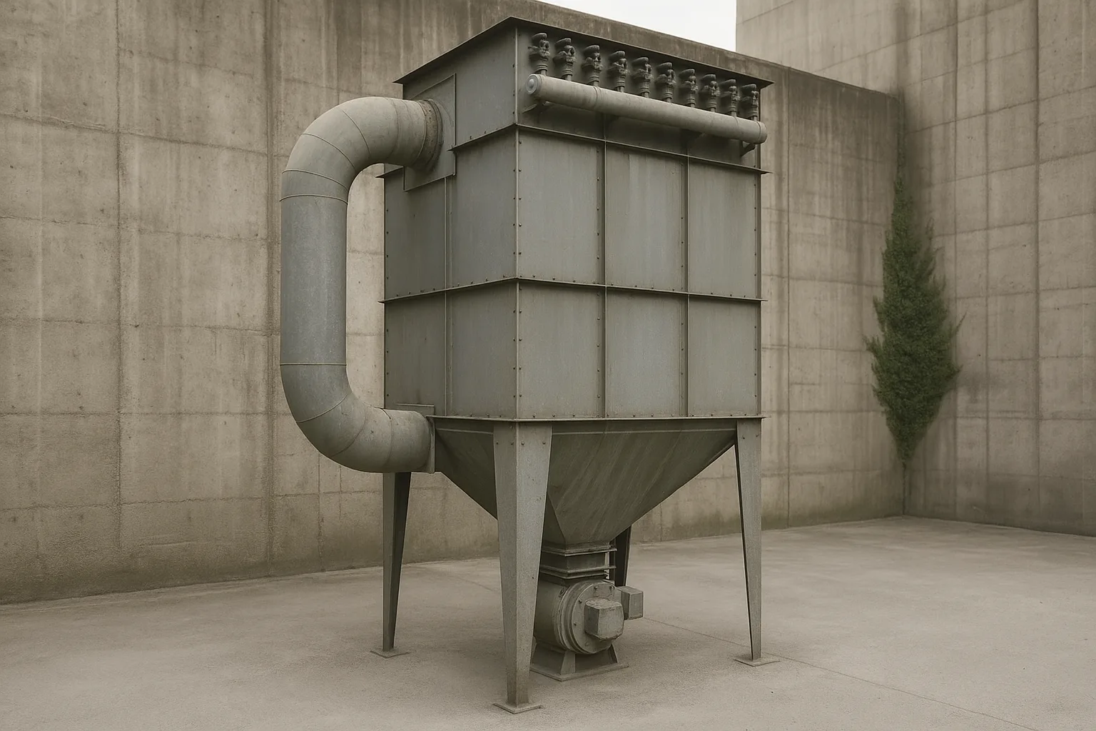 A baghouse dust collector standing outdoors against a plant wall, one duct entering it, dust hopper and rotary valve below.
