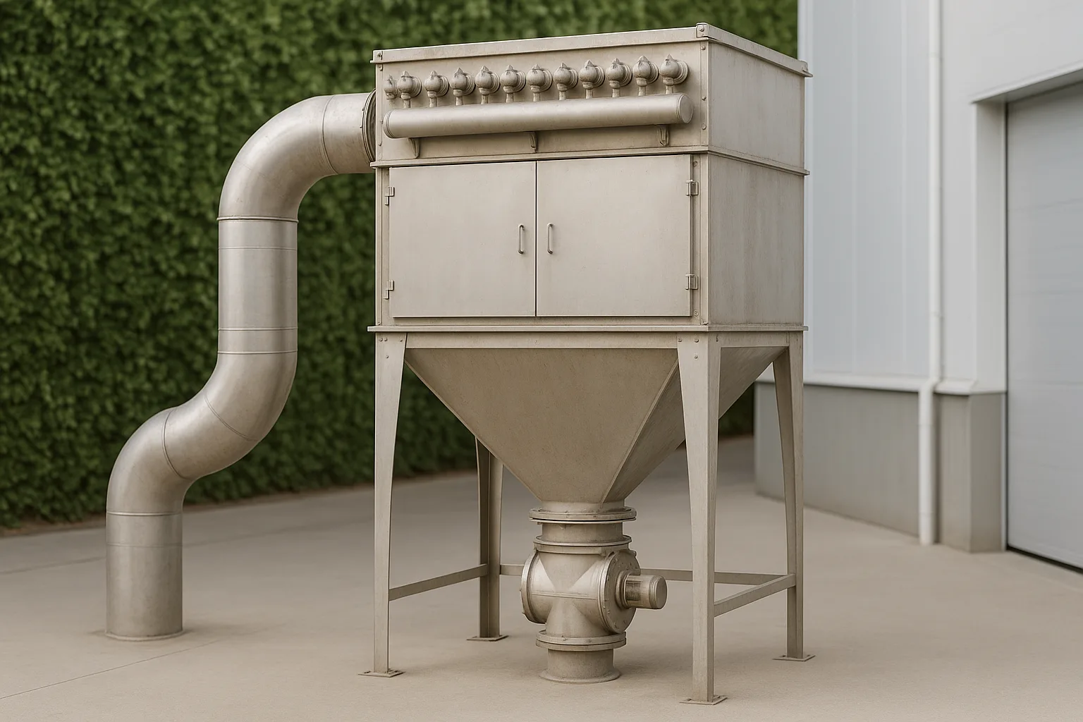 A baghouse dust collector standing outdoors against a plant wall, one duct entering it, dust hopper and rotary valve below.