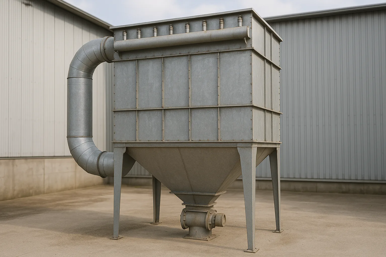 A baghouse dust collector standing outdoors against a plant wall, one duct entering it, dust hopper and rotary valve below.