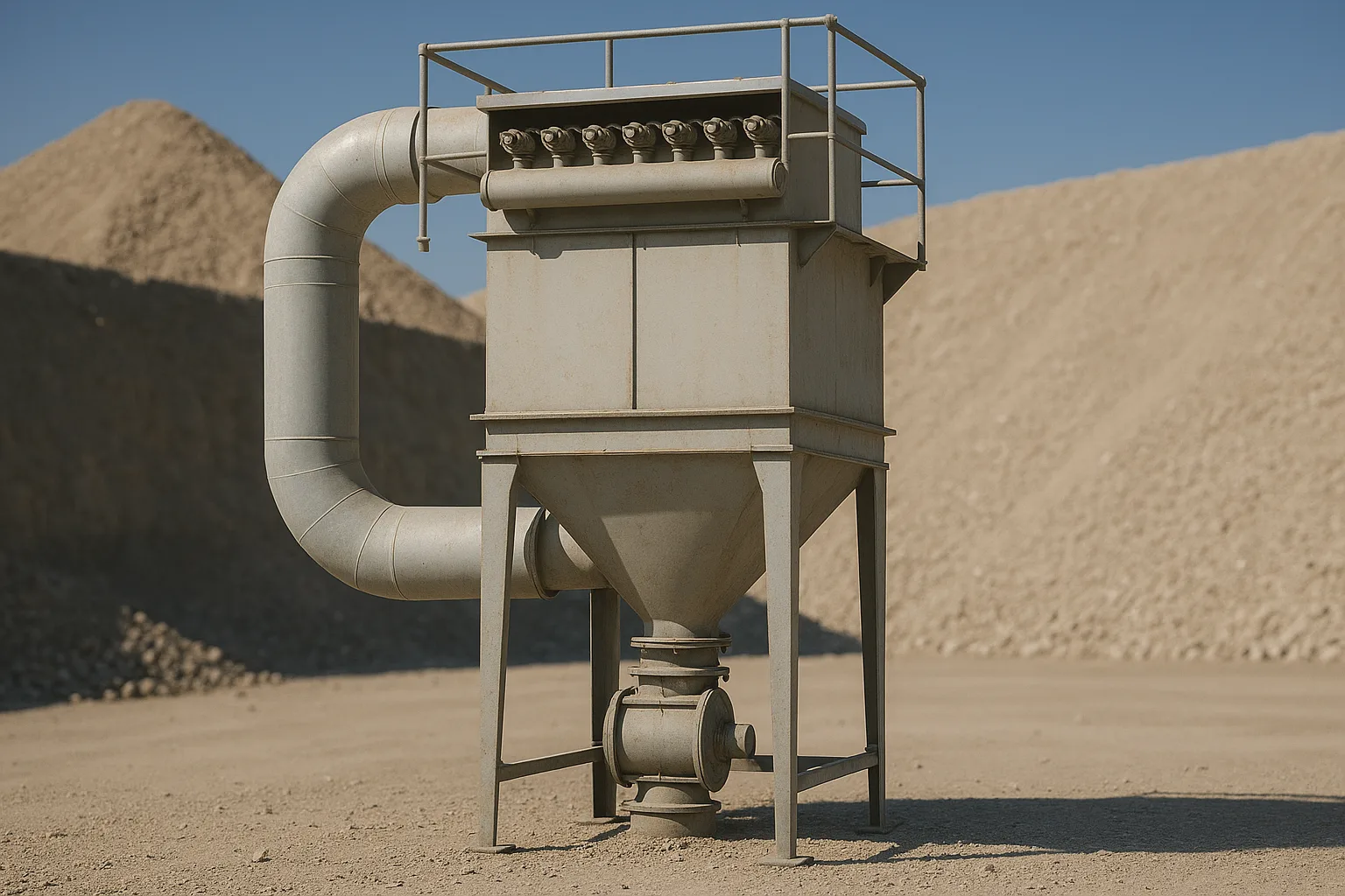 A baghouse dust collector standing outdoors against a plant wall, one duct entering it, dust hopper and rotary valve below.