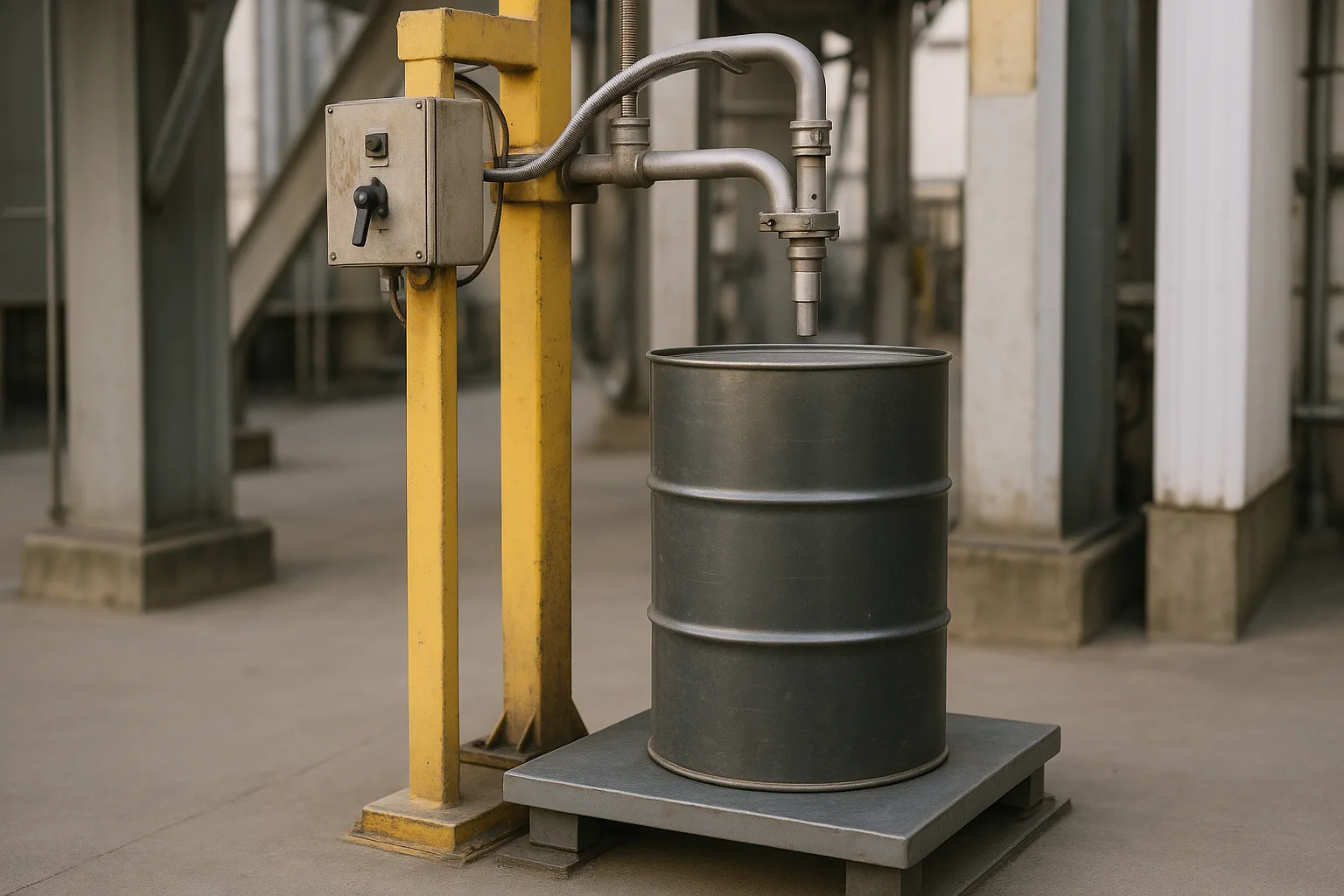 A drum filling station with one steel drum on a scale under the fill head.