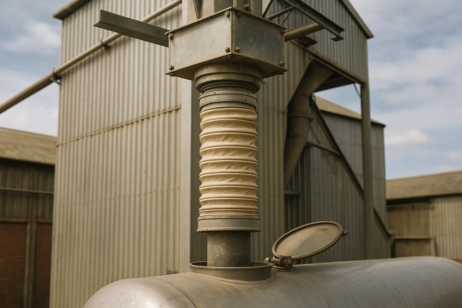 A telescopic loading spout lowered into the open hatch of a road tanker, dust sleeve extended.