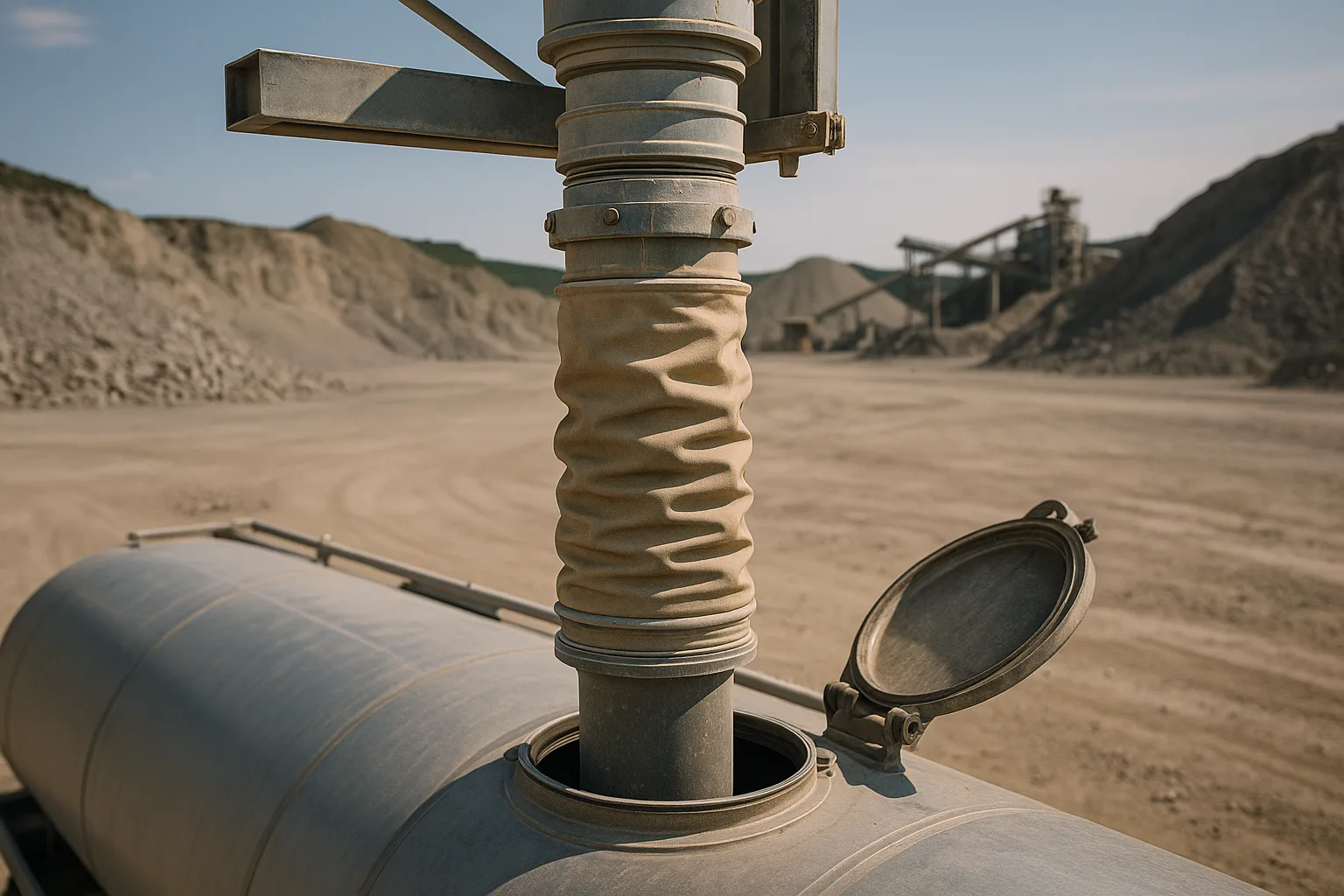 A telescopic loading spout lowered into the open hatch of a road tanker, dust sleeve extended.