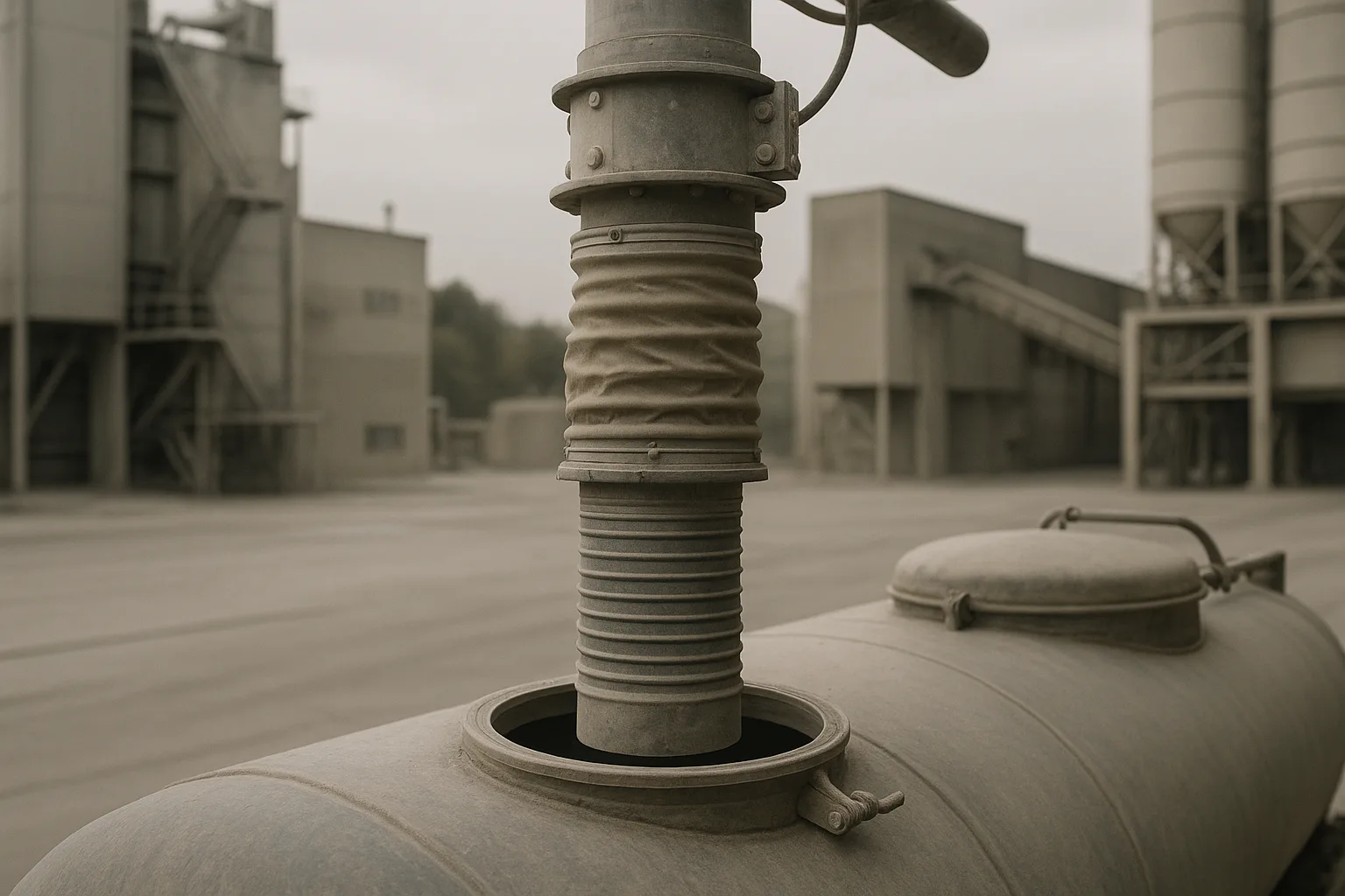 A telescopic loading spout lowered into the open hatch of a road tanker, dust sleeve extended.