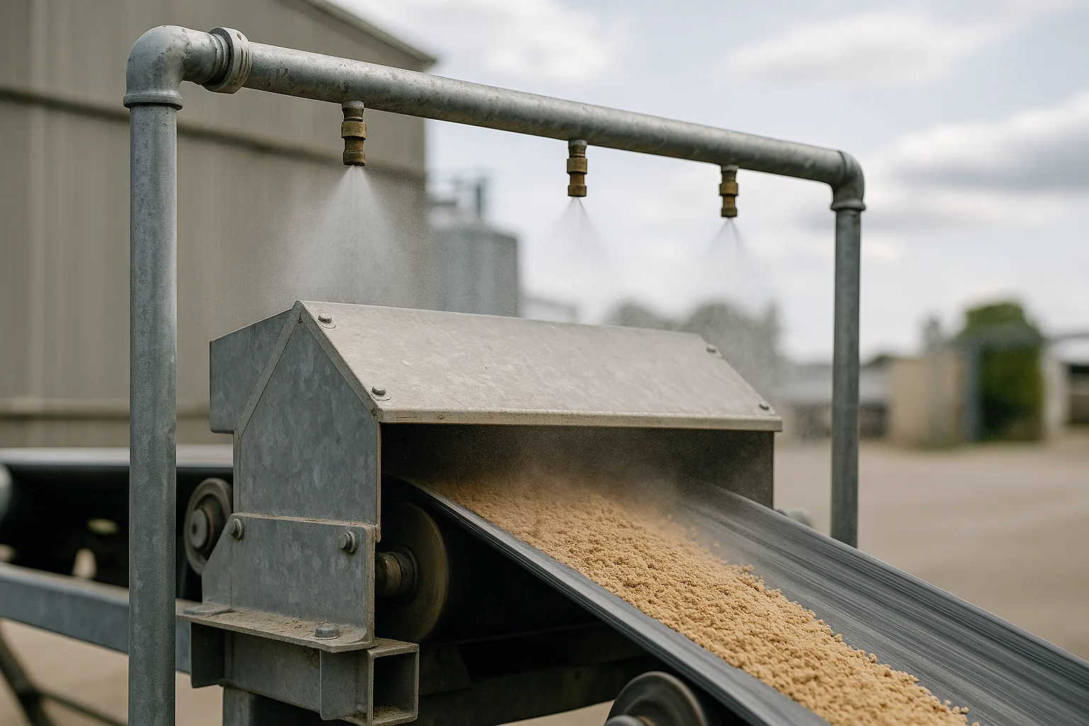 A water mist spray bar mounted over a conveyor transfer point, fine mist above the material stream.
