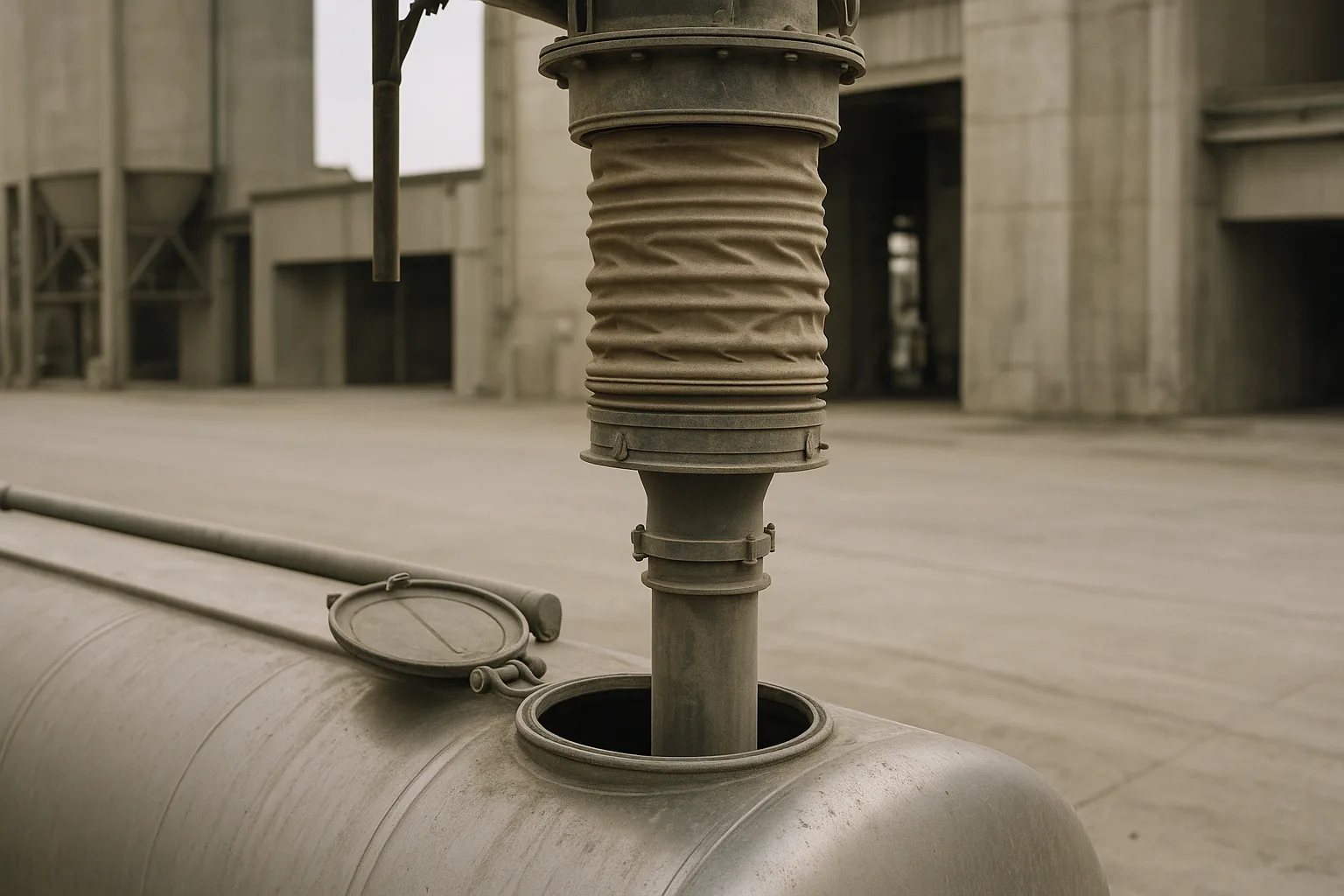 A telescopic loading spout lowered into the open hatch of a road tanker, dust sleeve extended.