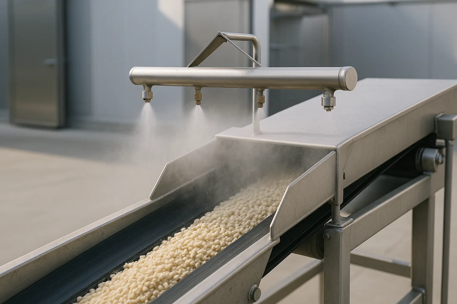 A water mist spray bar mounted over a conveyor transfer point, fine mist above the material stream.