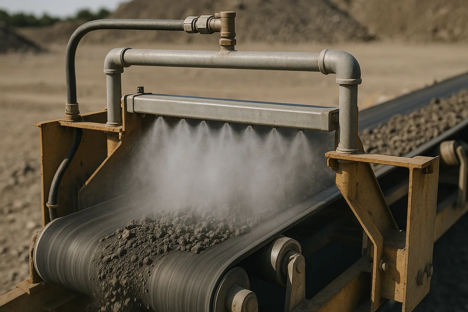 A water mist spray bar mounted over a conveyor transfer point, fine mist above the material stream.