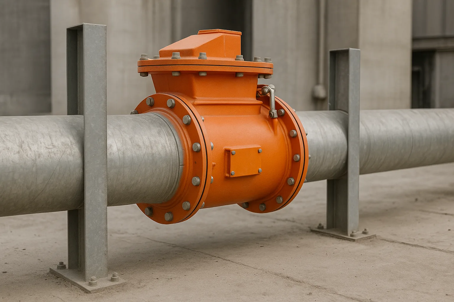 An explosion isolation valve mounted in a single horizontal duct between two steel supports.