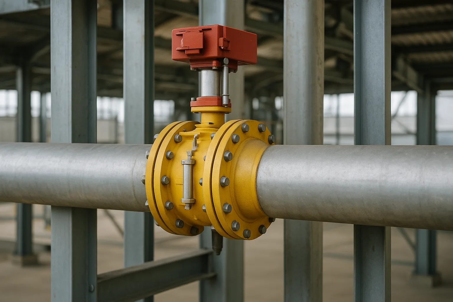 An explosion isolation valve mounted in a single horizontal duct between two steel supports.