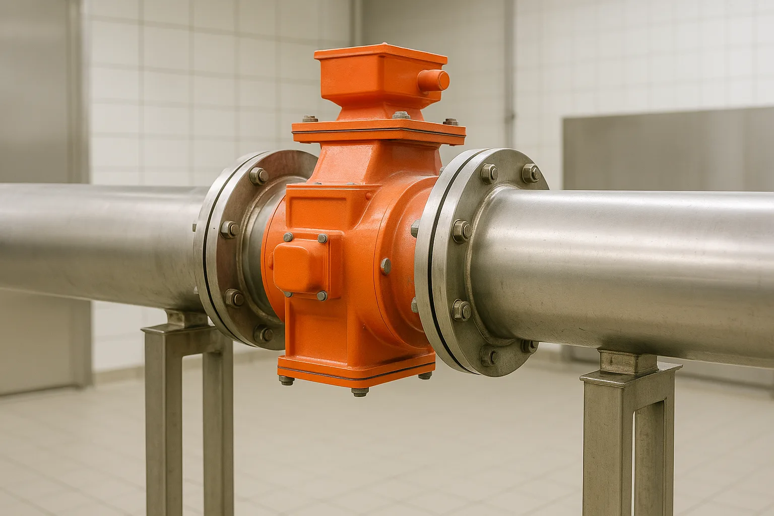 An explosion isolation valve mounted in a single horizontal duct between two steel supports.