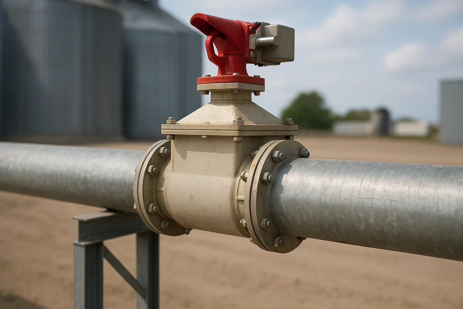 An explosion isolation valve mounted in a single horizontal duct between two steel supports.