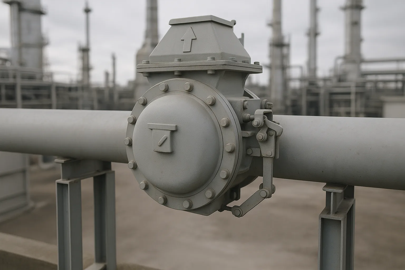 An explosion isolation valve mounted in a single horizontal duct between two steel supports.