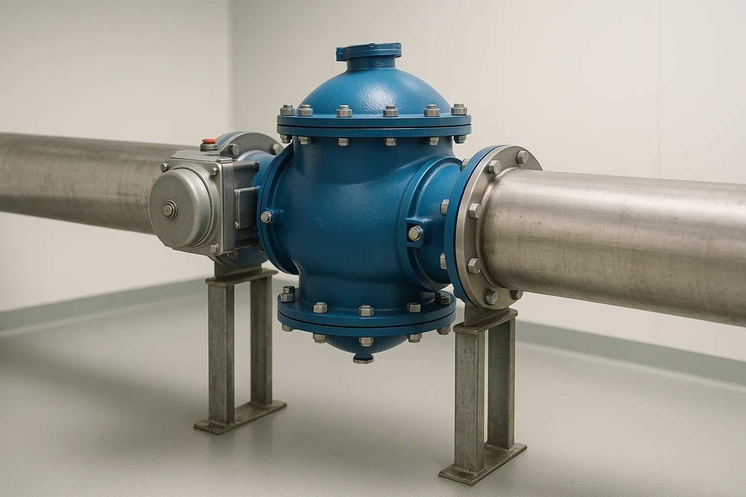 An explosion isolation valve mounted in a single horizontal duct between two steel supports.