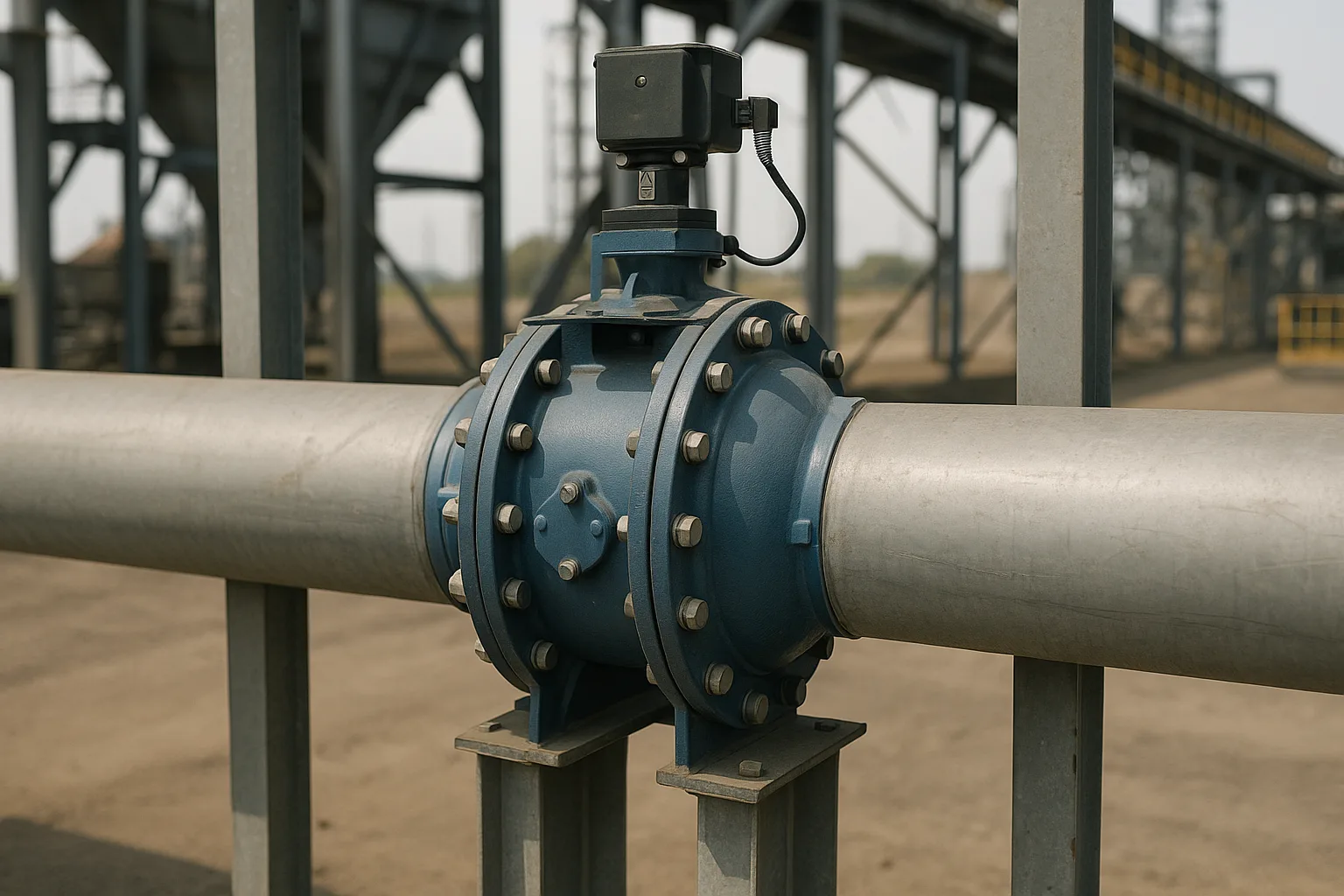 An explosion isolation valve mounted in a single horizontal duct between two steel supports.