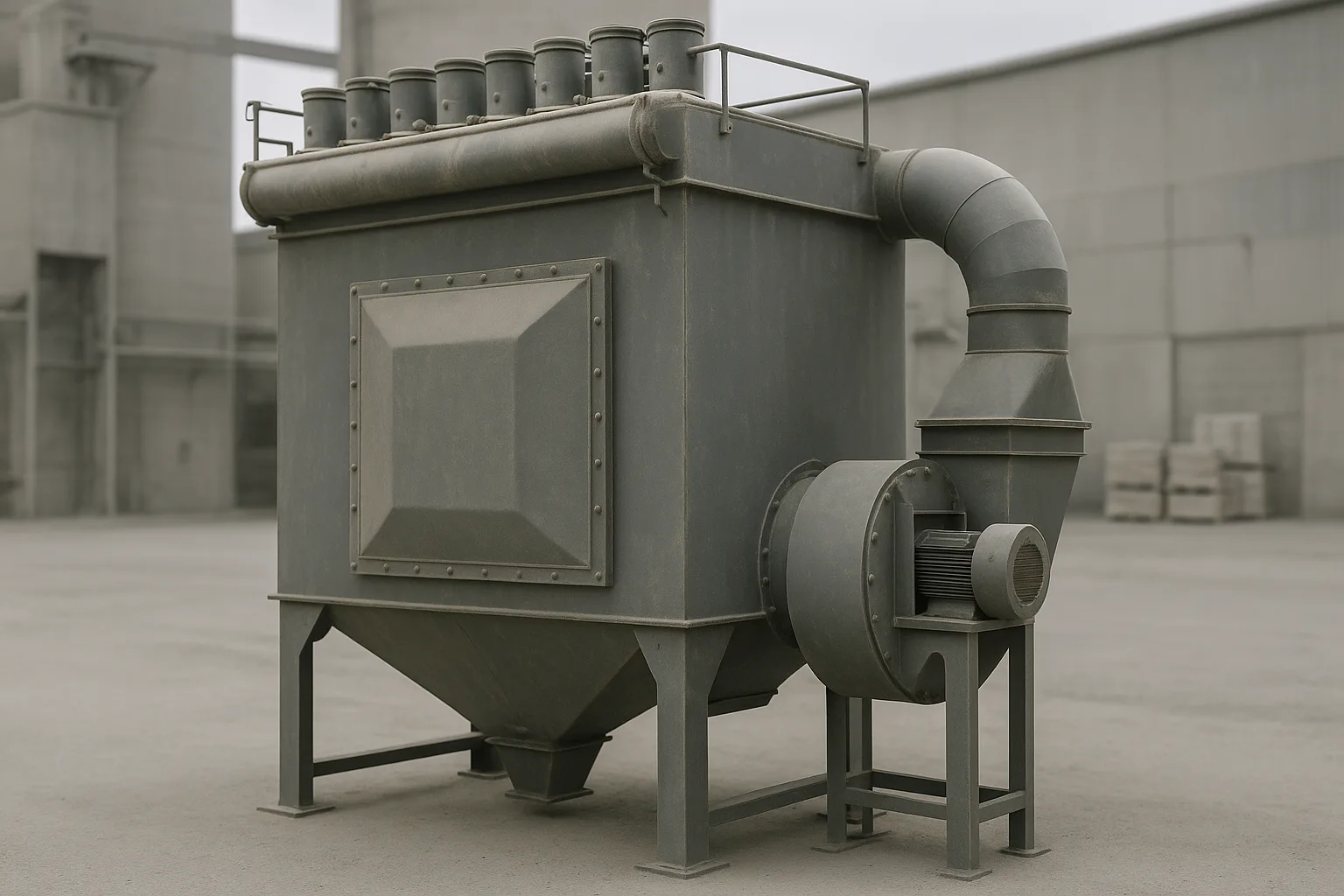 A dust collector standing outdoors with a flat explosion vent panel on its side wall.