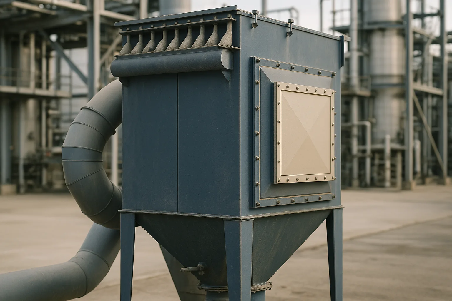 A dust collector standing outdoors with a flat explosion vent panel on its side wall.
