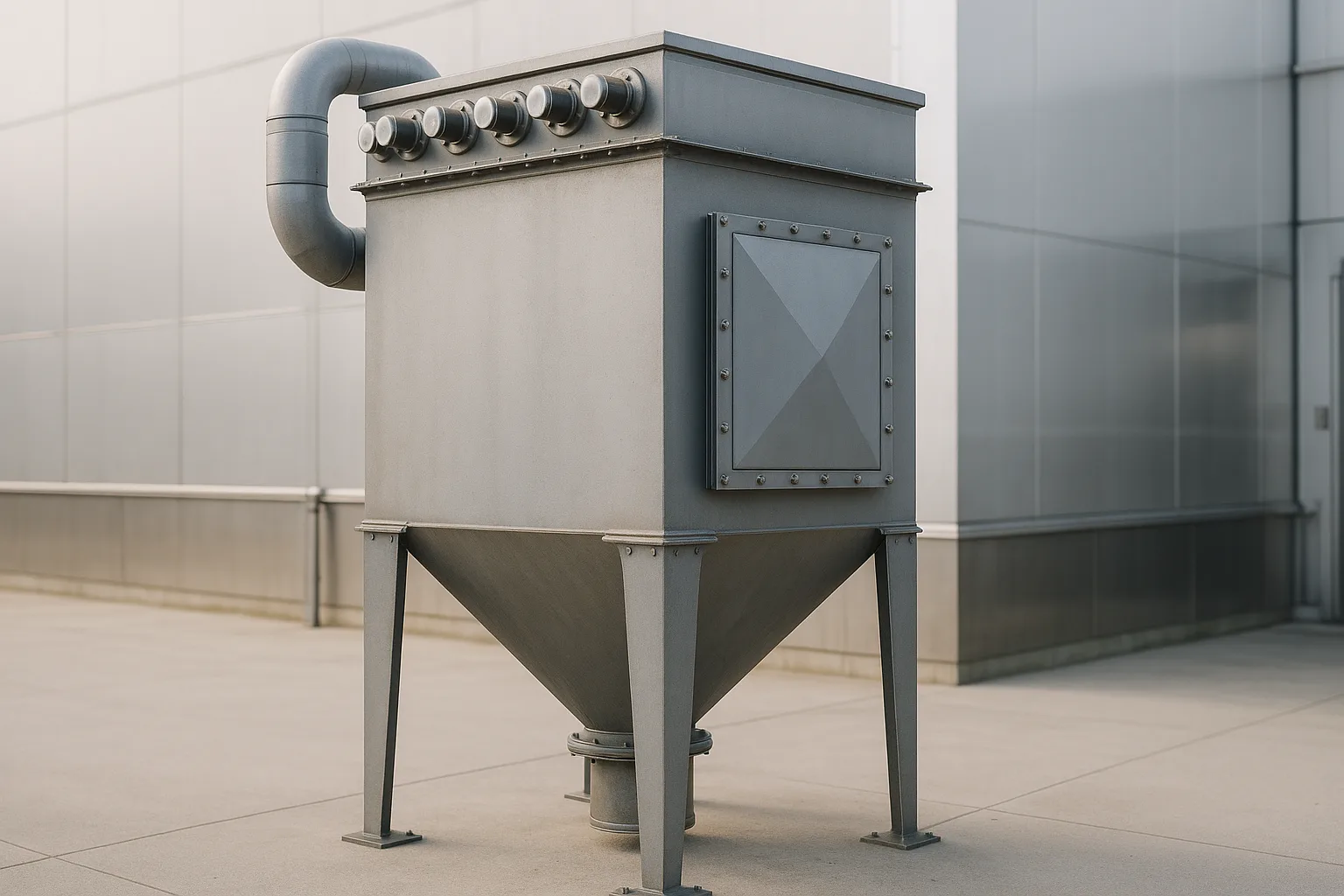 A dust collector standing outdoors with a flat explosion vent panel on its side wall.