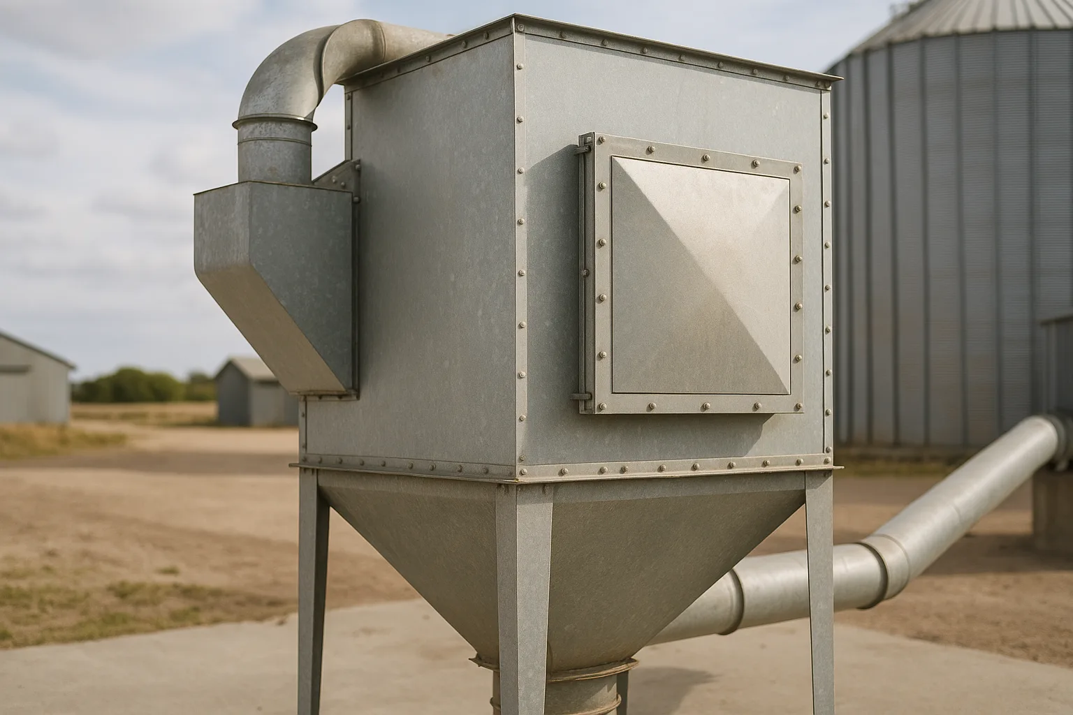 A dust collector standing outdoors with a flat explosion vent panel on its side wall.
