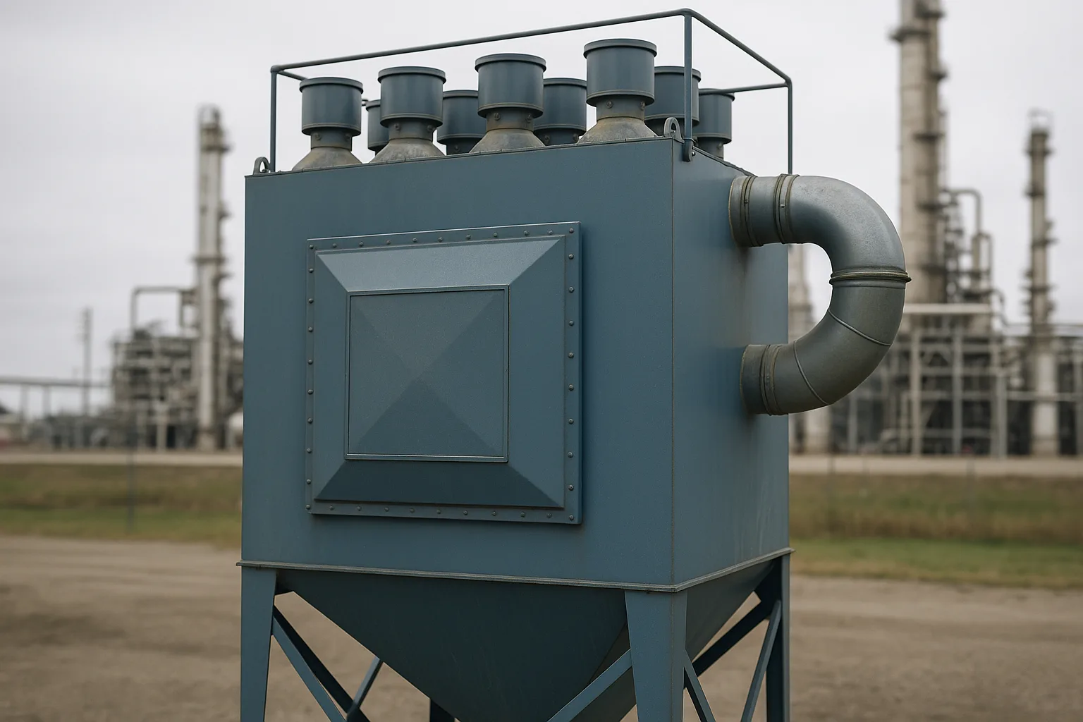 A dust collector standing outdoors with a flat explosion vent panel on its side wall.