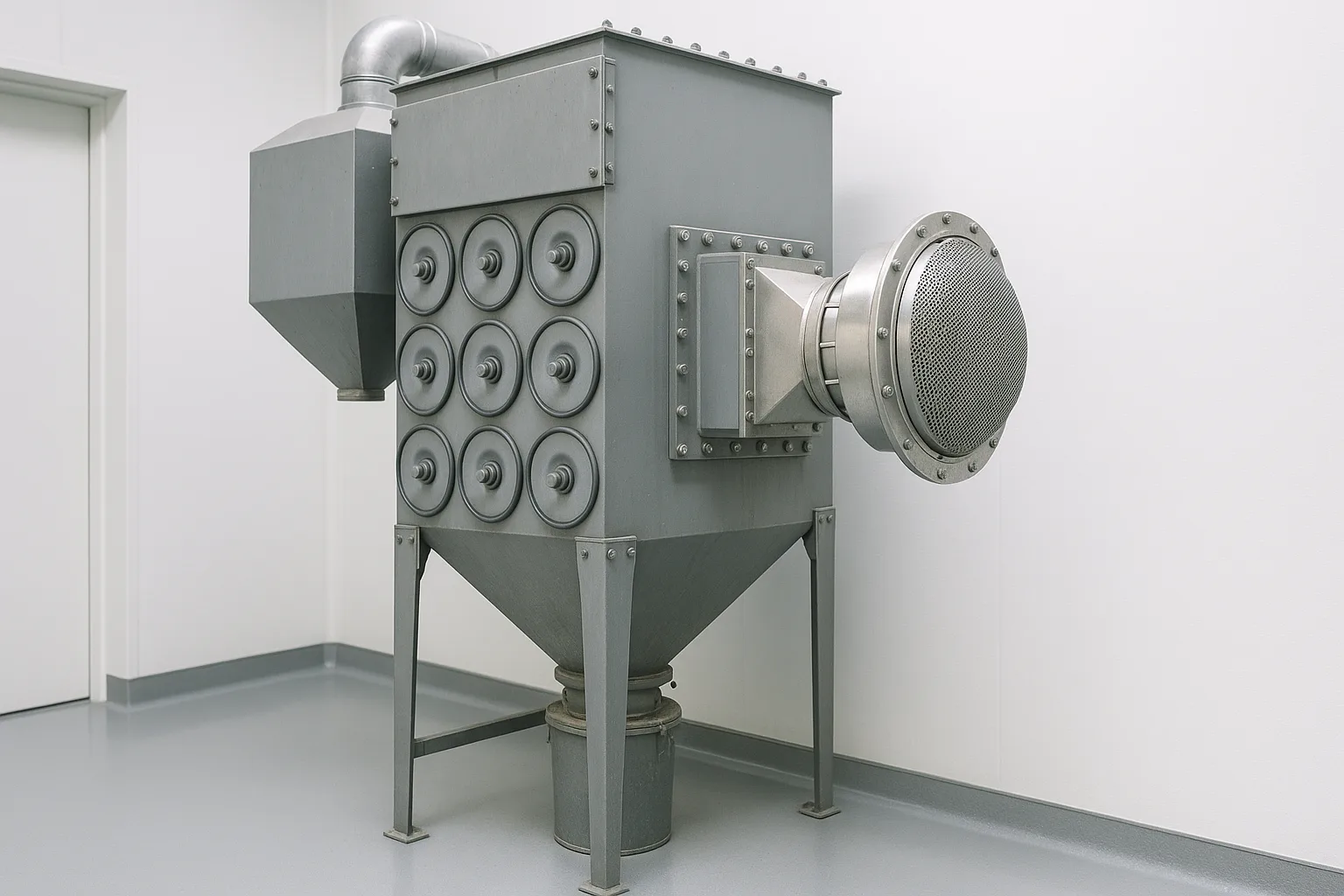 A dust collector standing indoors with a flameless venting device mounted on its side wall.