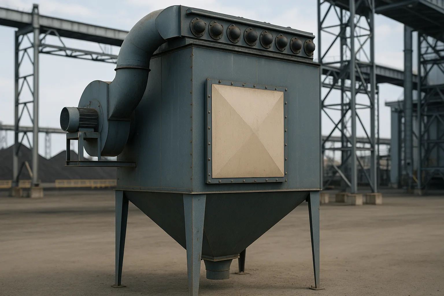 A dust collector standing outdoors with a flat explosion vent panel on its side wall.