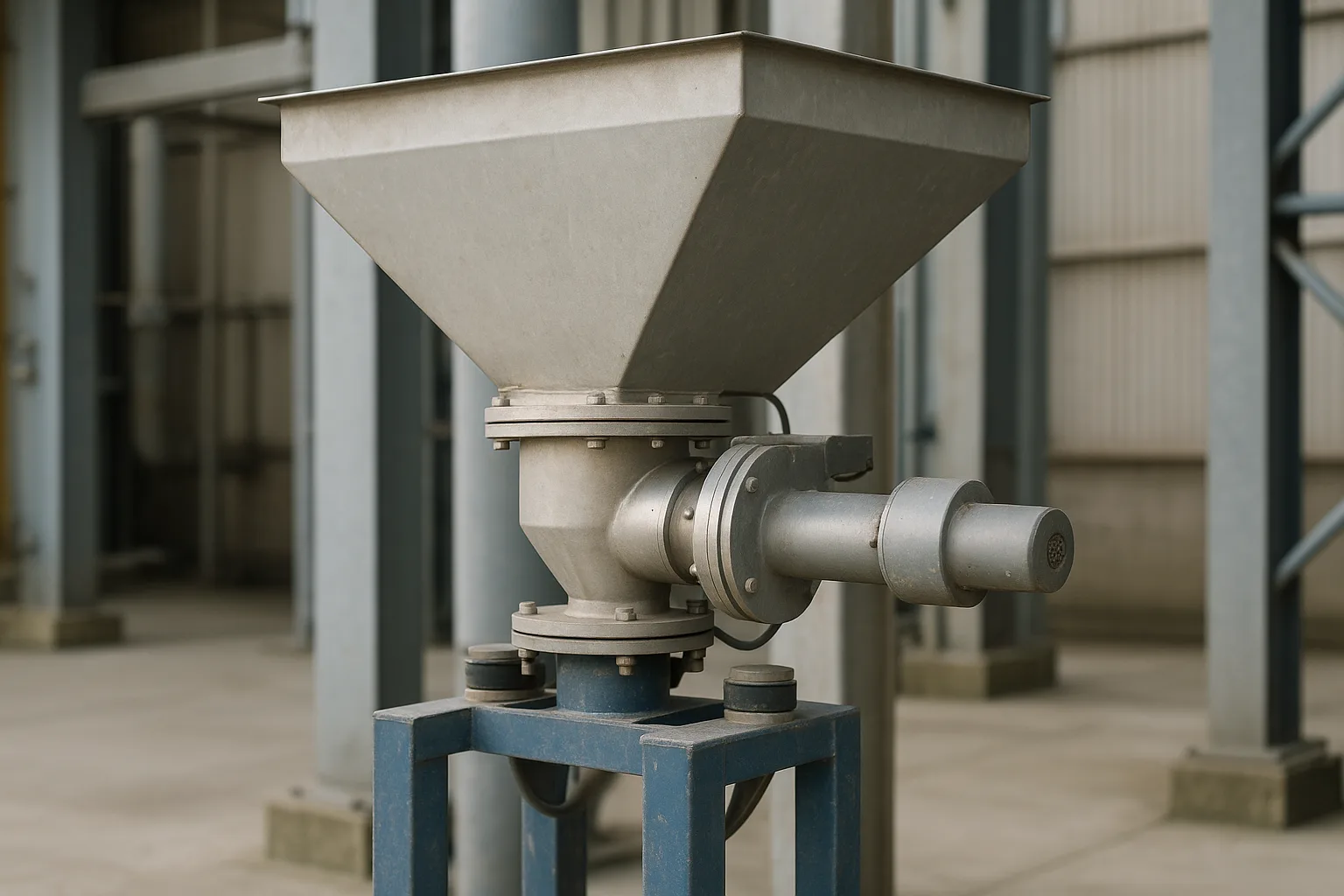 A loss-in-weight feeder, its hopper standing on load cells, discharging through a short screw into the inlet below.
