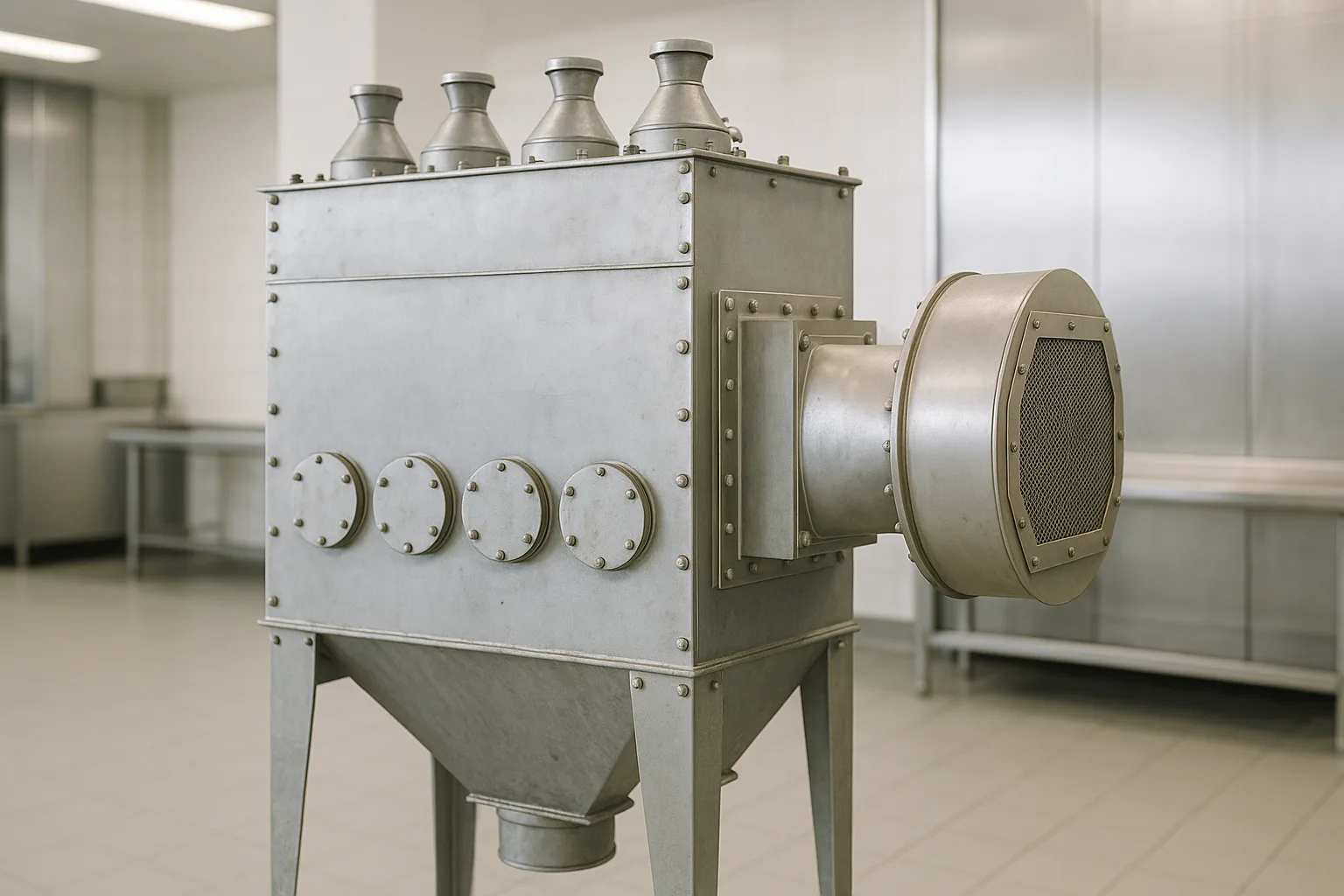 A dust collector standing indoors with a flameless venting device mounted on its side wall.