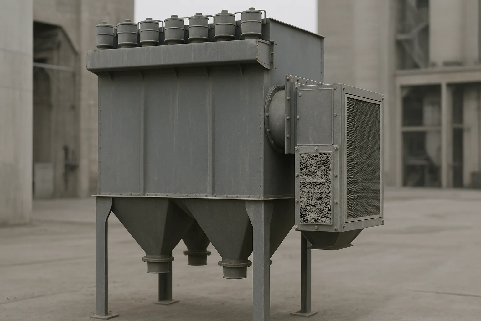 A dust collector standing indoors with a flameless venting device mounted on its side wall.