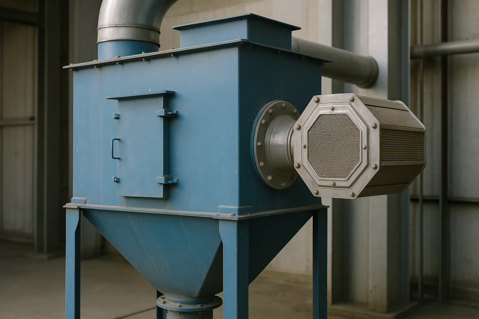 A dust collector standing indoors with a flameless venting device mounted on its side wall.