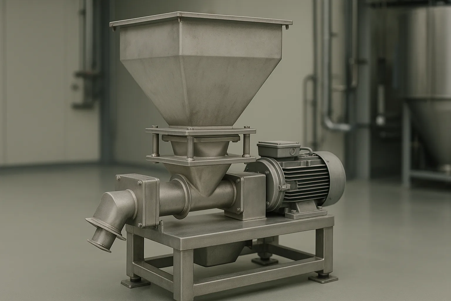 A loss-in-weight feeder, its hopper standing on load cells, discharging through a short screw into the inlet below.