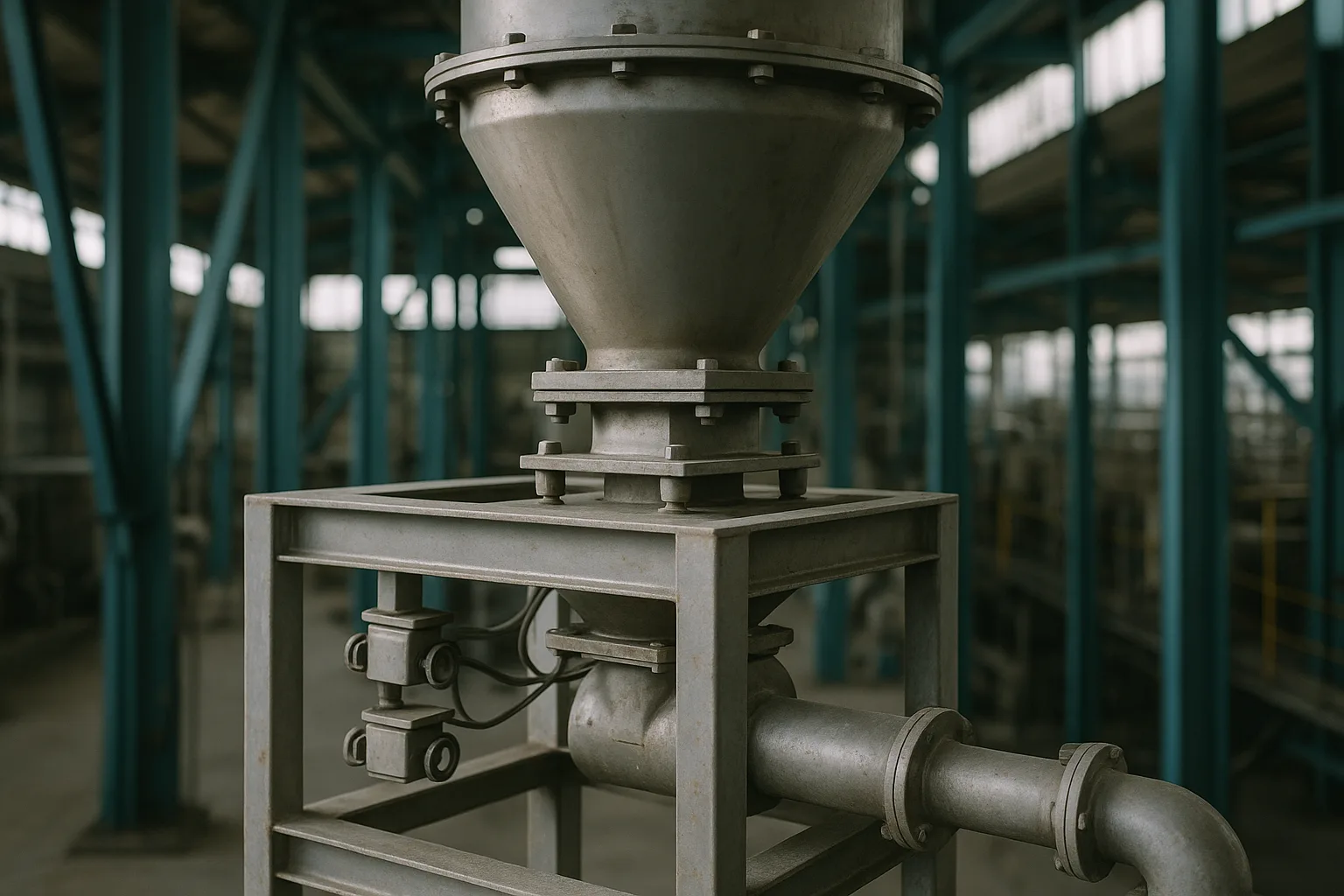 A loss-in-weight feeder, its hopper standing on load cells, discharging through a short screw into the inlet below.